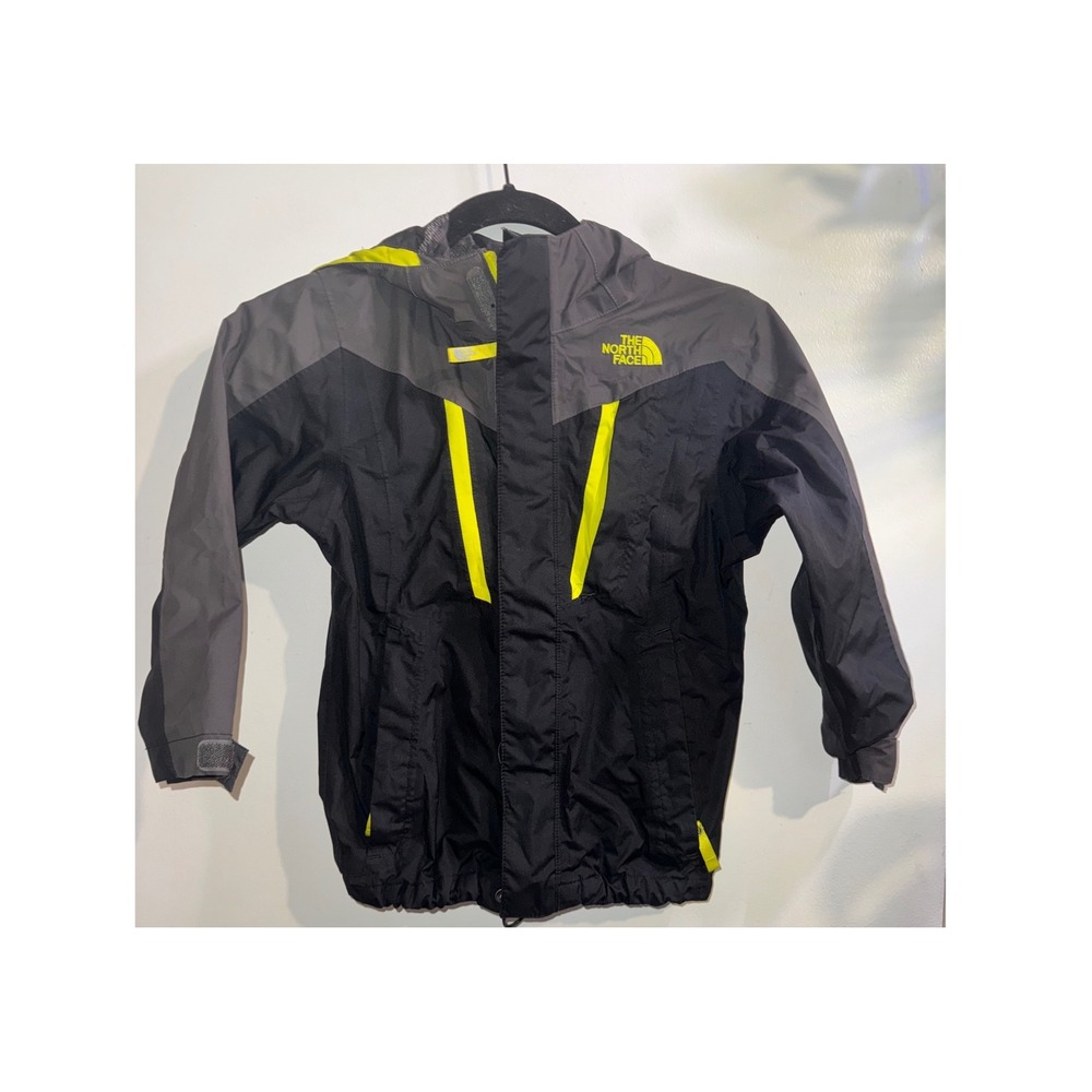 The North Face Boys XXS 5 HyVent Rain Jacket Black Grey Yellow Hooded Shell FLAW